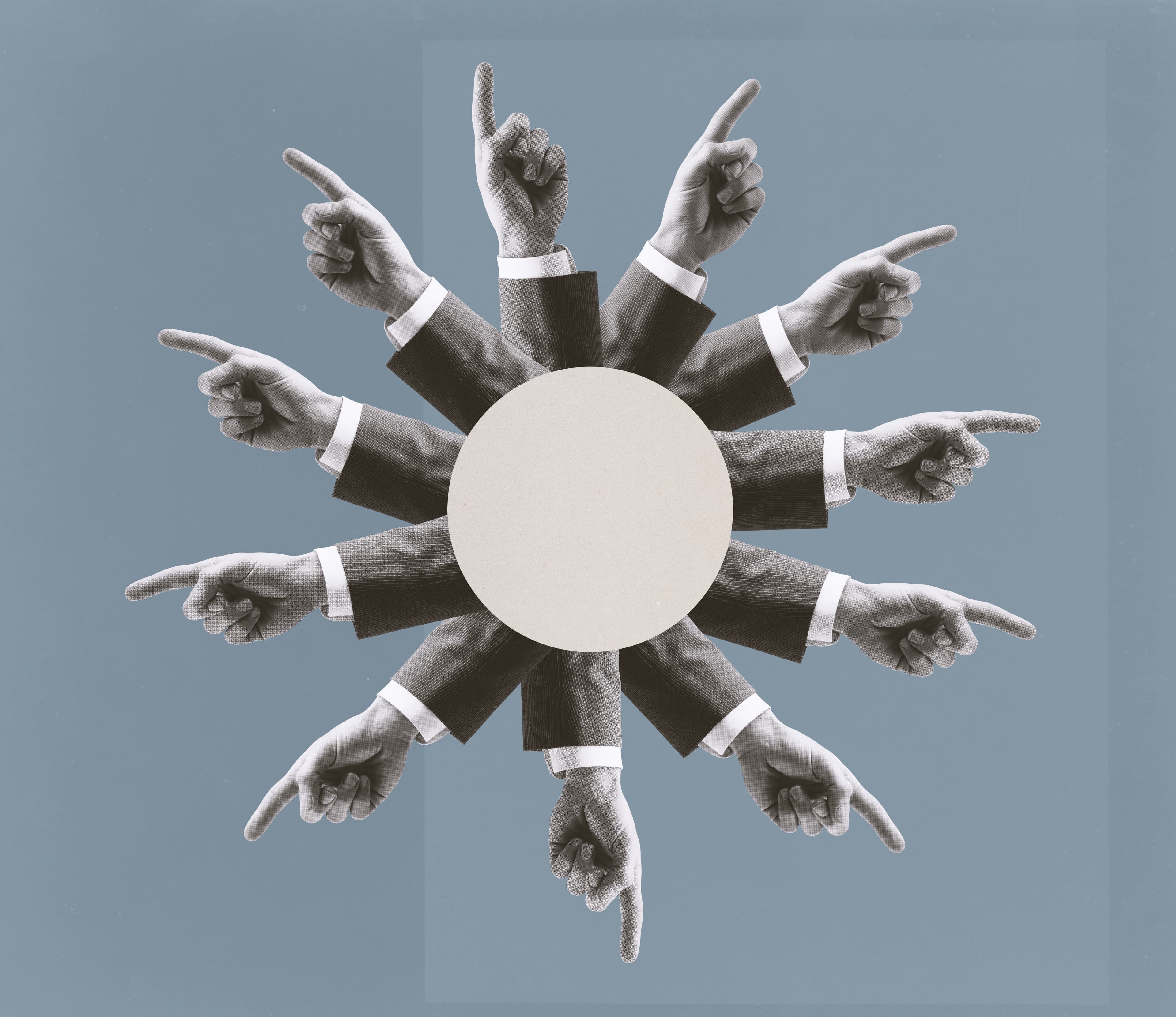 A radial pattern of suited arms pointing fingers inward from every direction.
